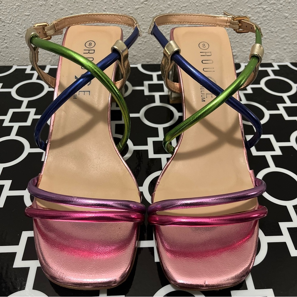 Rouge Helium Vibrant Multicolor Festive Strappy w/Gold Block Heel Sandals Size 8